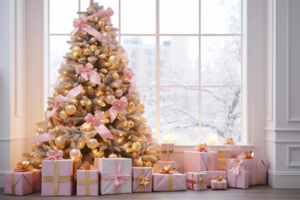 Christmas tree with gold baubles and light pink bows on branch tips. window in background, pink presents with gold ribbon around on floor under tree 