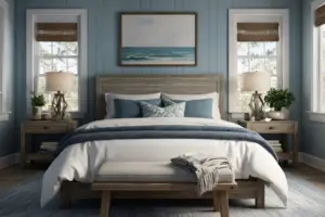 large layered bed in bedroom styled with coastal decor. blue pillows, white duvet blue blanket lampseither side framed picture of sea beige blanket on bench at bottom of bed