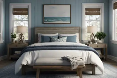 large layered bed in bedroom styled with coastal decor. blue pillows, white duvet blue blanket lampseither side framed picture of sea beige blanket on bench at bottom of bed