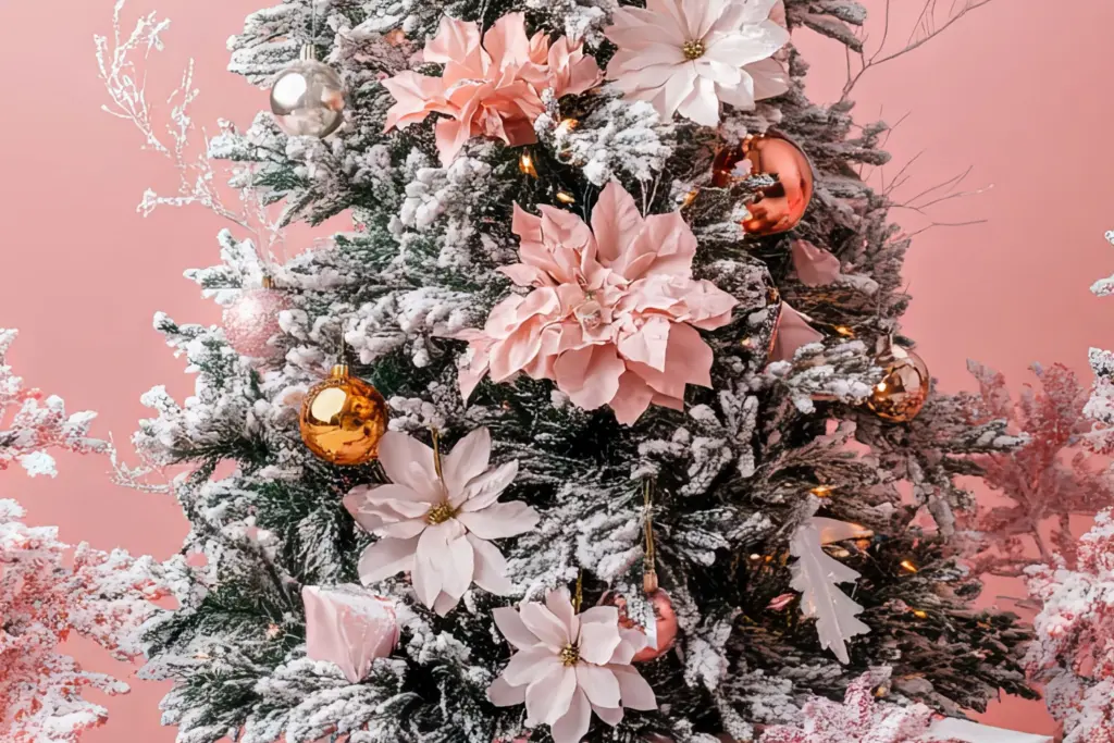 pink poinsettas displayed in middle of Christmas tree with one gold bauble to left