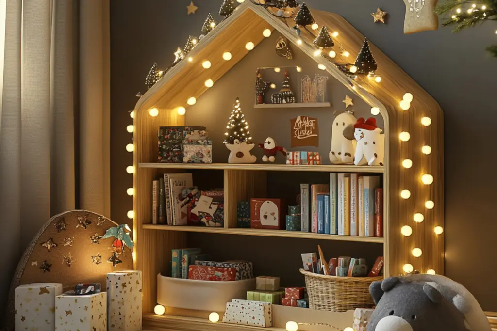 Decorating chilren's bookcase with festive figures and warm white lights
