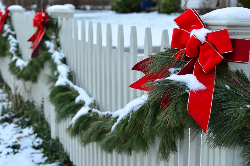 fir garland on white picket fence with red bows on posts