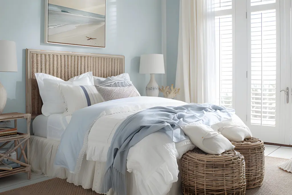 Light blue and white bedding, rattan tubs at bottom of double bed, rattan headboard sheer curtains on window