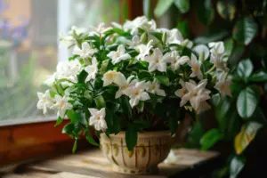 Flowering jasmine plant as part of indoor garden on window sill in earth colored pot