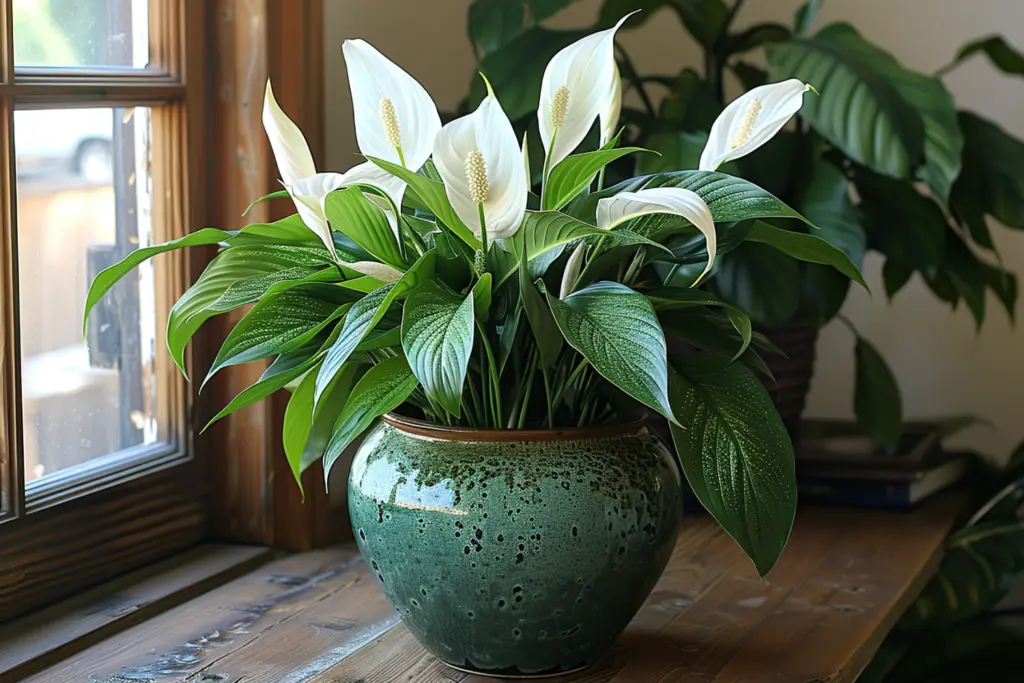 Peace lily in green pot on wood window shelf indoors other green plant behind part of winter indoor garden