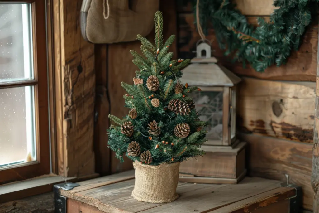 mini christmas tree decorated with pine cones in burlap sack on wood table vintage lantern background
