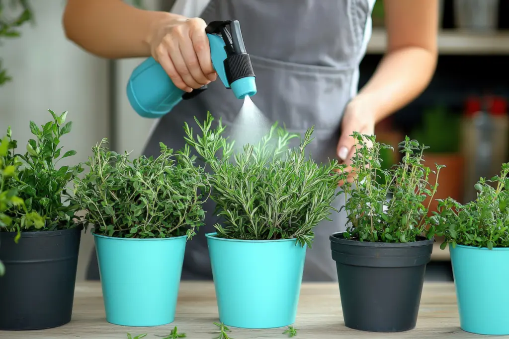 Misting rosemary plant in blue pot using blue spray bottle with misting attachment