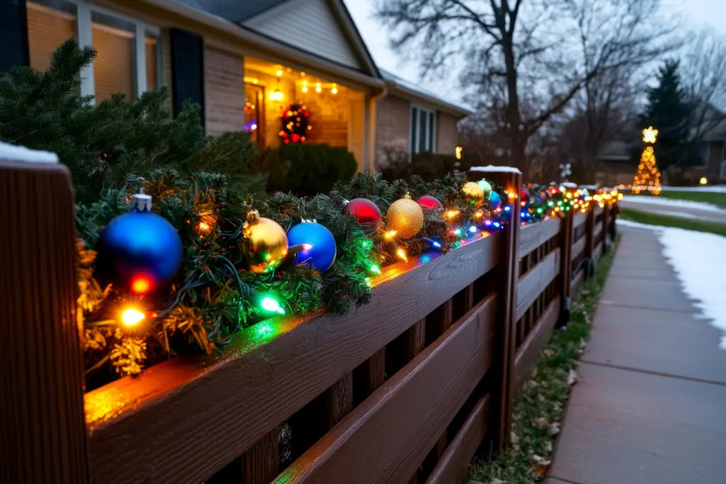 baubles, lights and fir garland on top of dark wood slatted fence