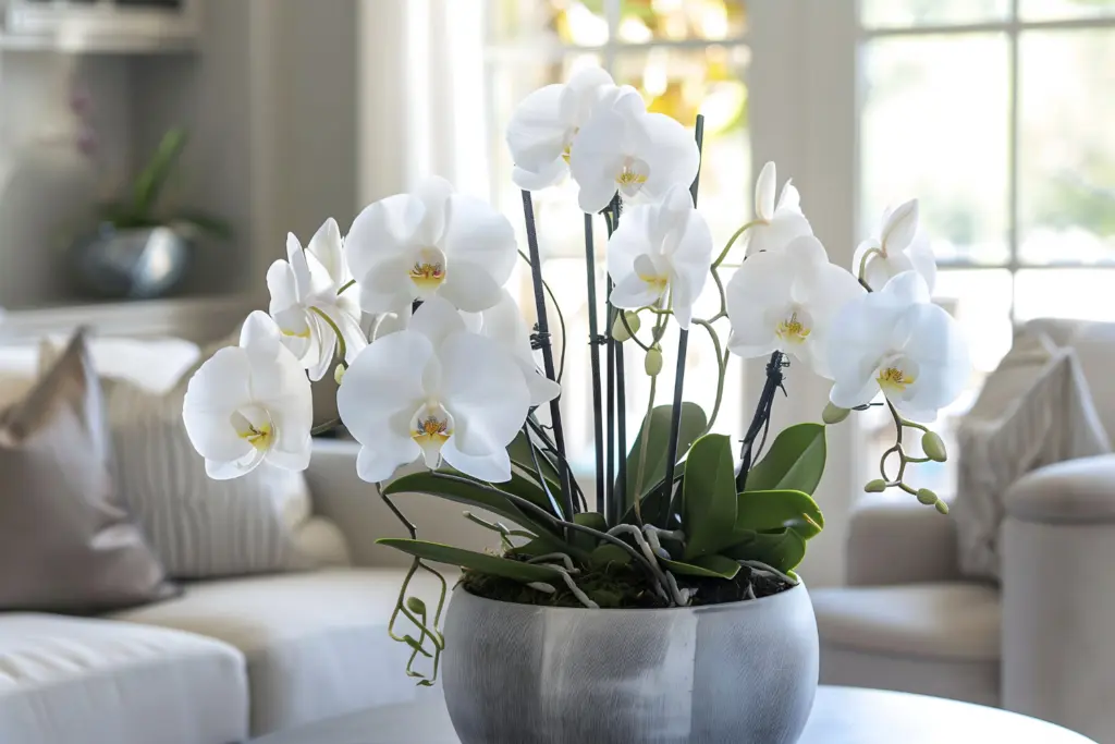 One of best winter indoor plants the white orchid in silver pot in lounge on circular table