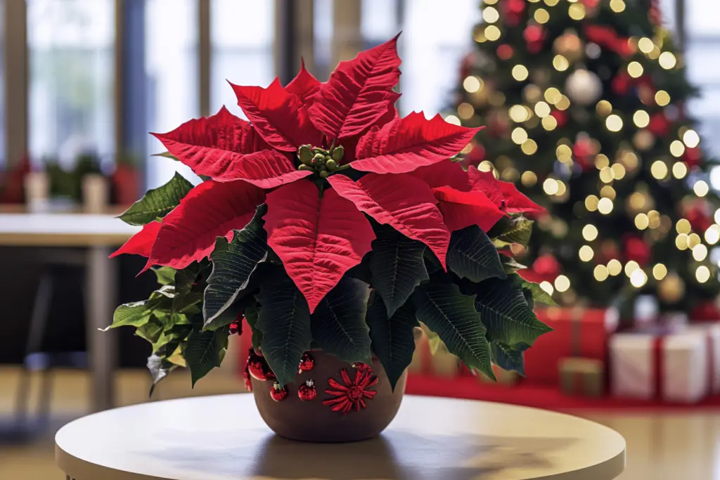 Poinsettia in a pot on a round wood table Christmas tree in background with lights on 