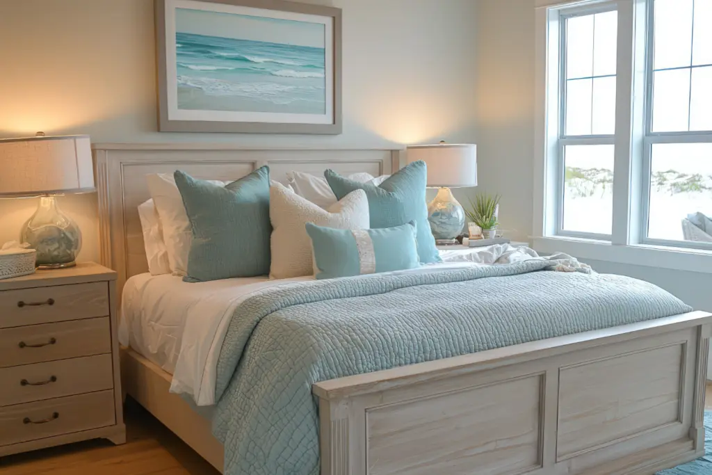 light white and pastel turquoise layered king bed with pillows, light wood bed frame, sea picture above bed white wall white lamp on side tables