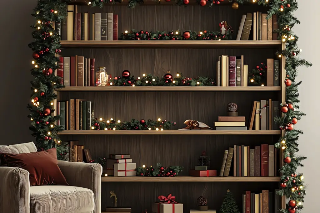 Image showing how to decorate a bookcase for Christmas with festive garlands and baubles