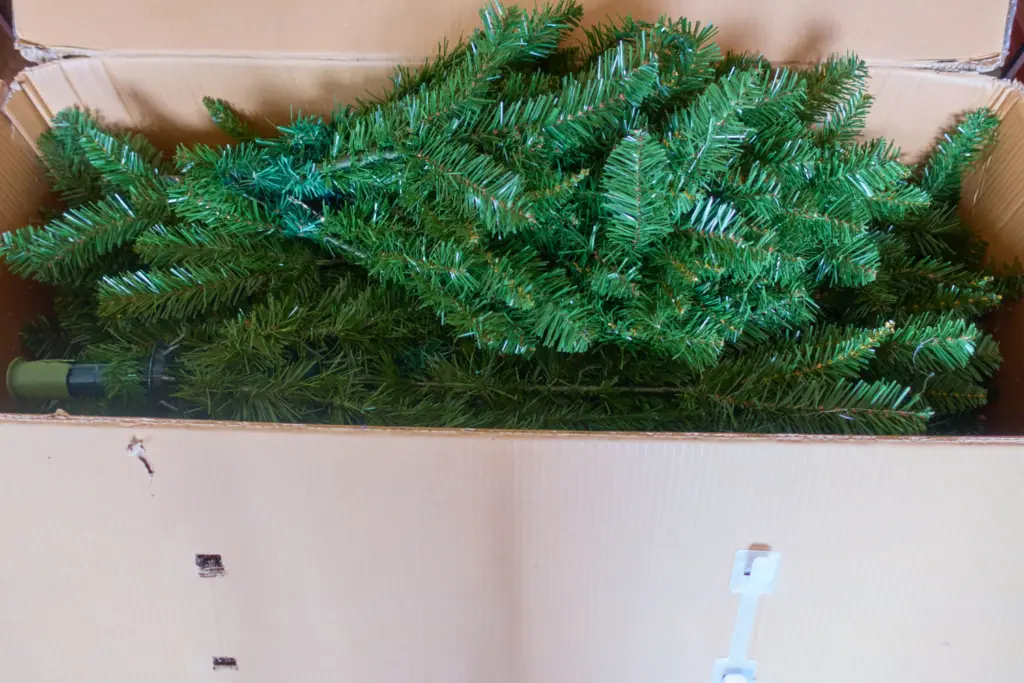 christmas tree packed away in sturdy box