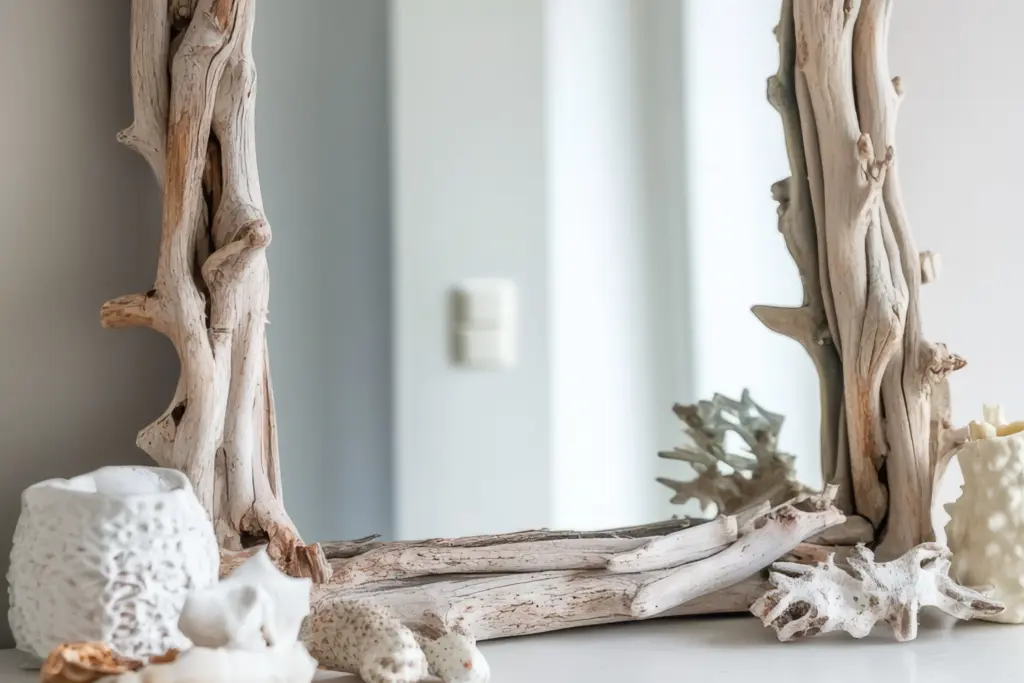 Driftwood rectangular mirror on white dresser with beach accessories