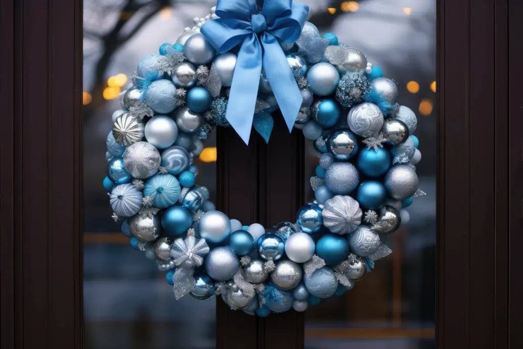 DIY Blue and silver bauble wreath with blue ribbon bow on dark wooden front door with two split panes of glass