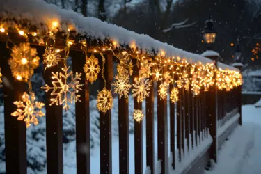 brown fence with snowflake lighting and snow