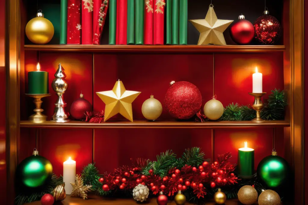 Using Christmas ornaments to decorate bookcase. red, green and gold colors. star, baubles and beads mixed sizes
