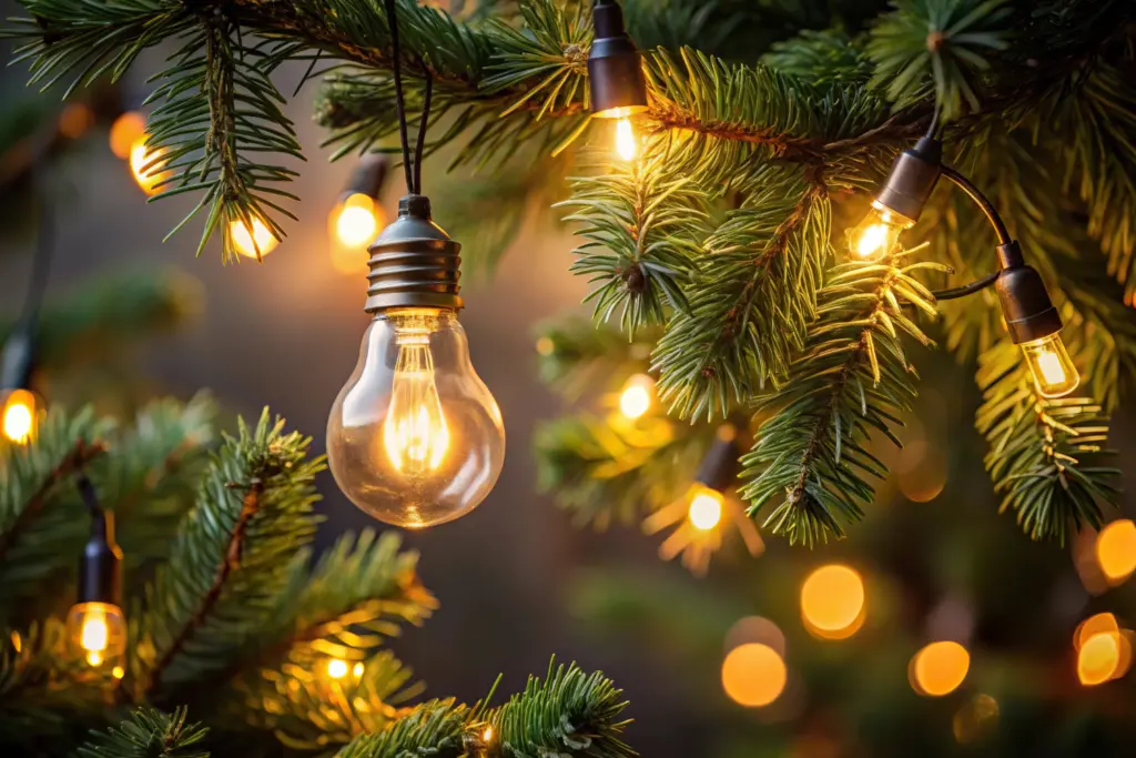 decorate farmhouse christmas tree with two sets of lighte: twinkling string lights and larger edison bulbs style lights